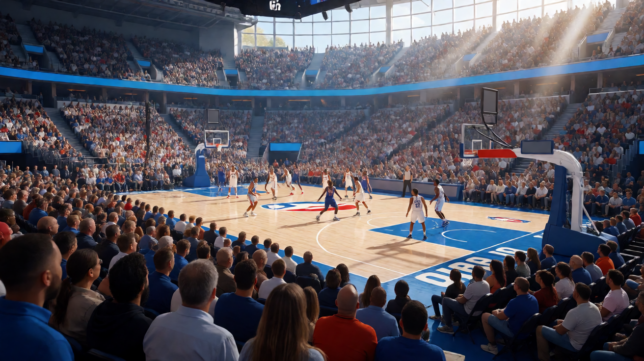 篮球比赛现场，捷报比分平台展示NBA与CBA赛事直播画面